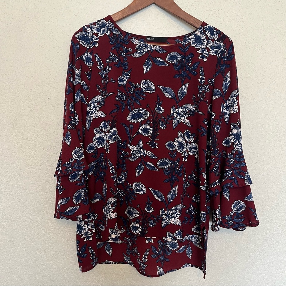Gibson Burgundy and Blue Floral Long Bell Sleeve Women's Tunic Top Size Small